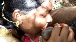 Desi wife in saree giving blowjob to husband in public