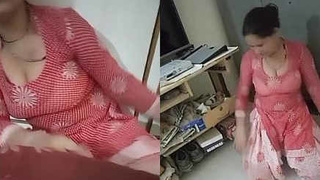 Cleaning lady flaunts her boobs and cleavage while dusting